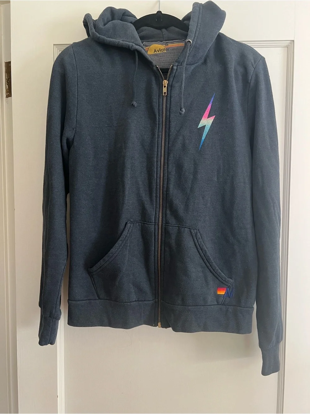 Aviator Nation Charcoal Zip Hoodie with Rainbow Lightning Bolt - Picture 1 of 9